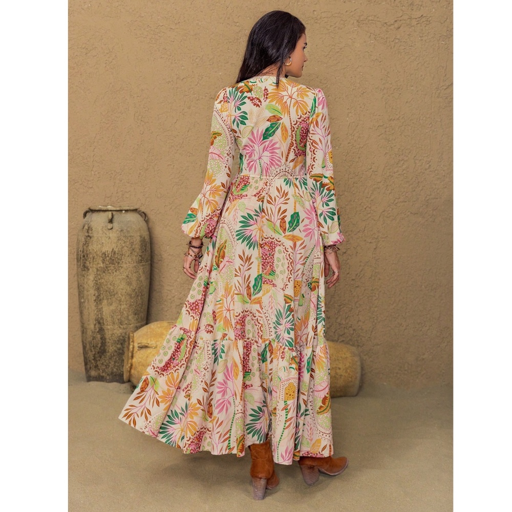 Floral Pink Bohemian Maxi Dress Lace V-Neck Long Sleeve Ruffle Hem Flowy - Picture 5 of 9